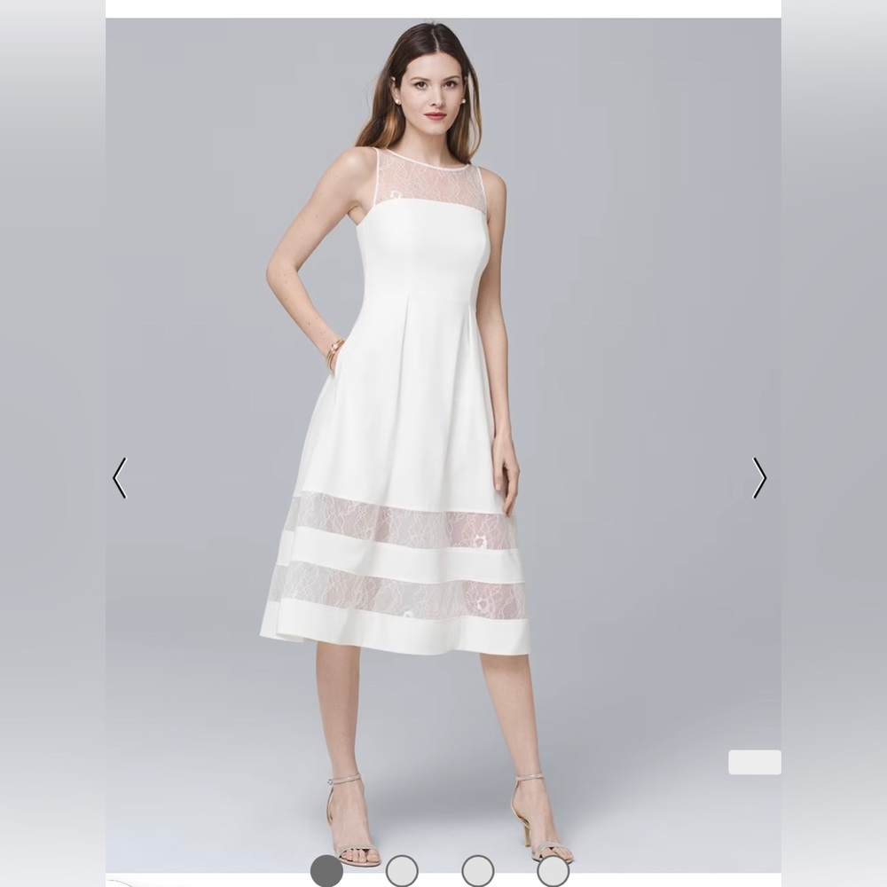 Aidan Mattox ivory illusion, fit & flare, crepe, and lace cutouts midi dress